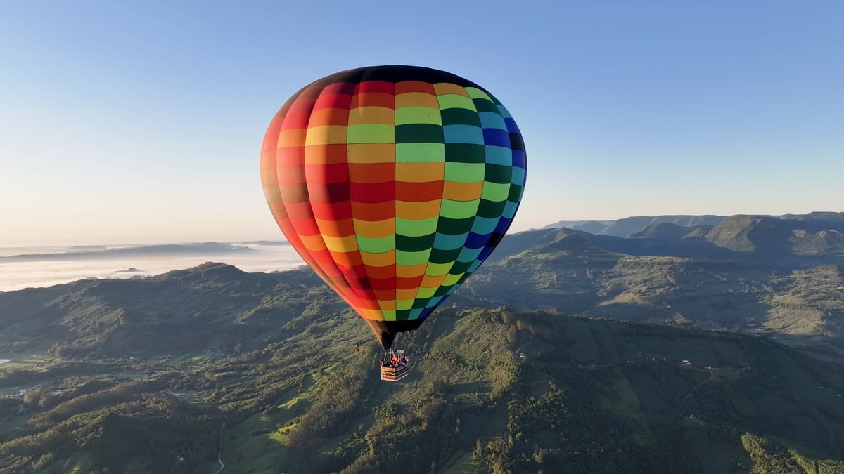 Scenic Balloon At Praia Grande In Santa Catarina Brazil. Colorful Balloon. Mountains Landscape. Sunset Skyline