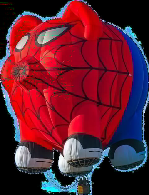 Red Spider-Man head-shaped hot air balloon with blue accents floating against a dark background